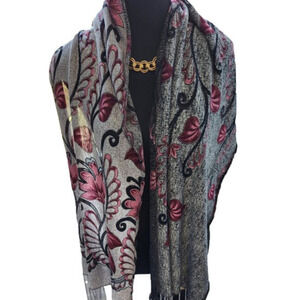 P231. Gorgeous Silvery Grey and Black Scarf with Pink Floral design